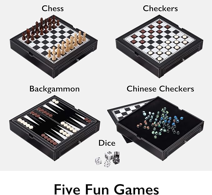 Mainstreet Classics Broadway 5-in-1 Combo Board Game Set: Chess Checkers Backgammon Chinese Checkers and Dice Games