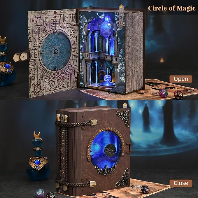 Book Nook Kit DIY Miniature Dollhouse Magic Booknook Kit 3D Wooden Puzzle Bookend Bookshelf with LED Light for Adults Teens (Circle of Magic)