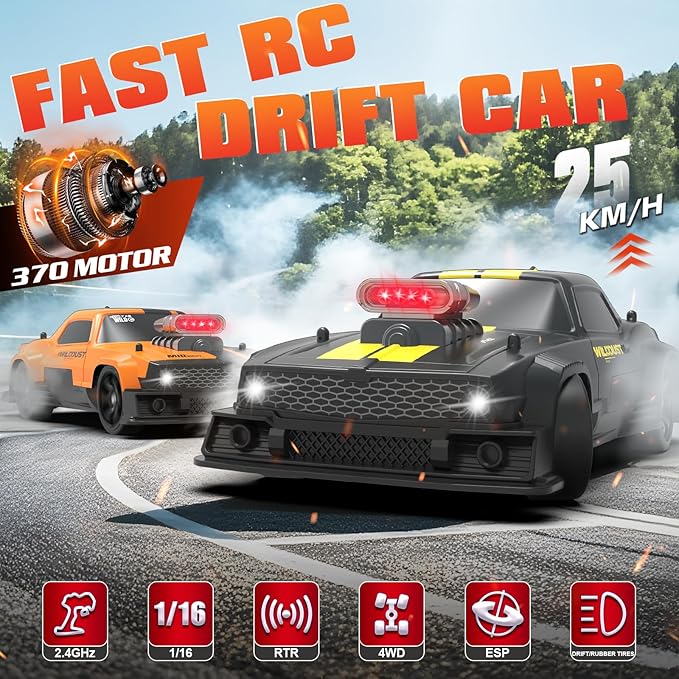 RC Drift Car Fast RC Cars for Adults Drifting Car with Gyro 4WD RTR Full Proportion Remote Control Cars 2.4GHz 1:16 Racing Vehicle with Lights Batteries Sport Toy for Boys Kids