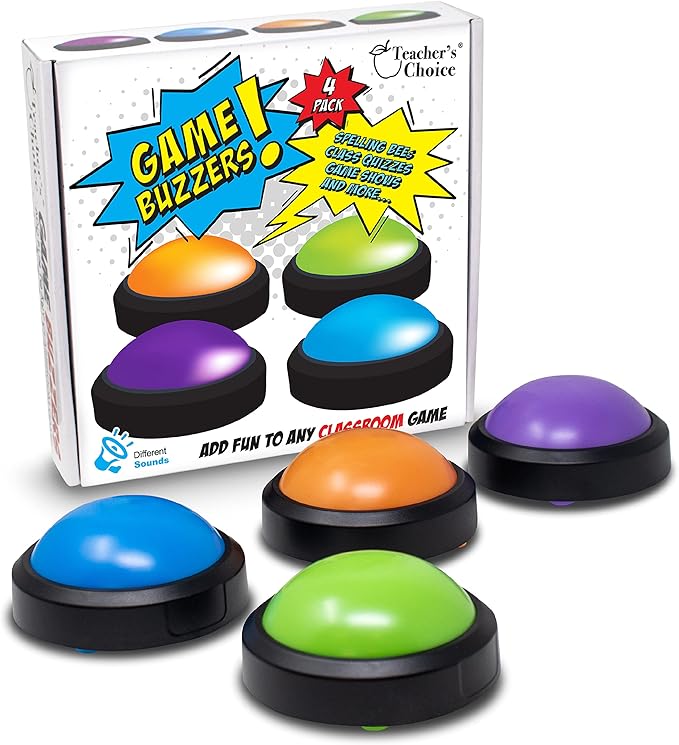Teacher's Choice 4 Pack Game Buzzers with Unique Loud Sounds for Each Buzzer | Great for Trivia Games Family Feud Jeopardy Competition Spelling Bees and More