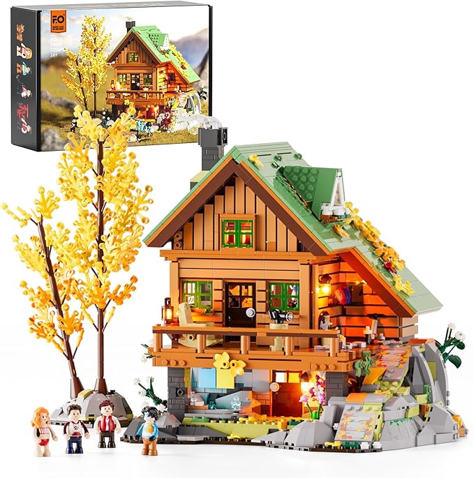 FUNWHOLE Mountain-Cabin House Lighting Building-Bricks Set - Friends Mountain House and Treehouse Collection LED Light Building Set 2255 Pcs for Adults and Teen