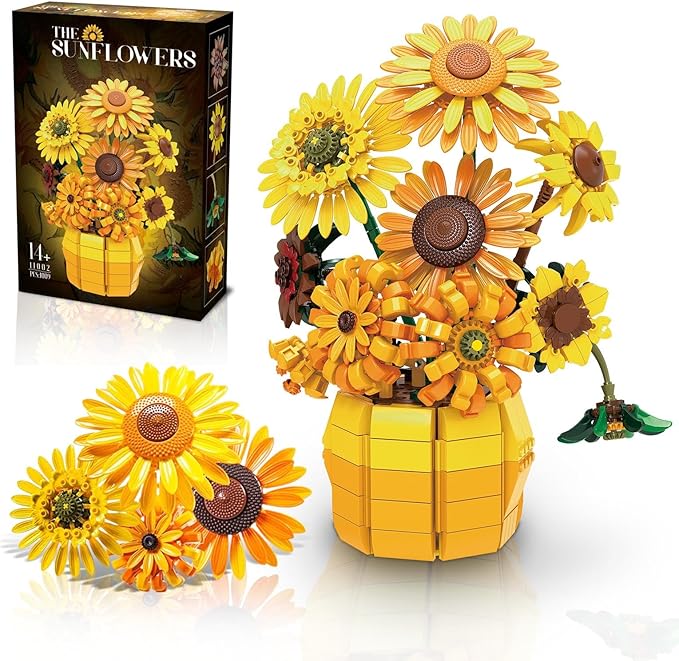 Sunflower Building Set Flowers with Vase for Adult Compatible with Lego Flowers 1009pcs Art Bonsai Botanical Collection for Home/Office Decor Gifts for Mother's Day and Valentine's Day