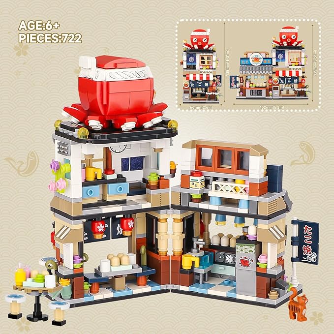 Japanese Street View Takoyaki Shop Mini Building Blocks MOC Creative Japanese Toys for Girls 6-12 Years Old 722 Pcs Simulation Architecture Construction Toy Gift Idea for Kids Adults