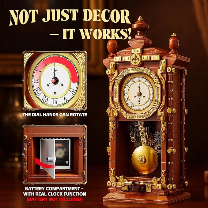 Retro Clock Building Block Set Mechanical Pendulum Vintage Clock Toy with Real Functional Timepiece &amp Moving Gears Home Decor &amp Housewarmings Gift for Man Woman &amp Adults Kids Ages 6+ (75