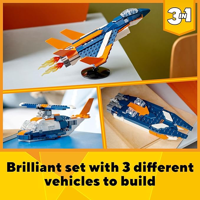 LEGO Creator 3 in 1 Supersonic Jet Plane Toy Set Transforms from Plane to Helicopter to Speed Boat Toy Buildable Vehicle Models for Kids Boys and Girls 7 Plus Years Old 31126