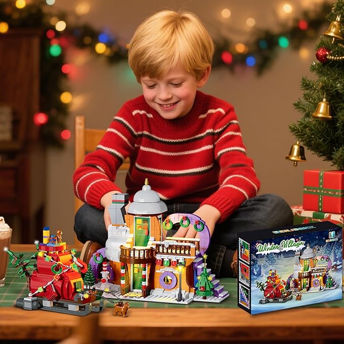 Christmas Holiday Snow House Building Toy Set with LightsCompatible with Lego Chritmas VillageXmas Gifts for Boys and GirlsFamily 1224 pcs