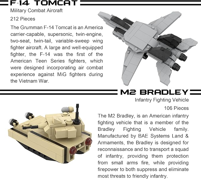 Apostrophe Games 5 Military Building Block Sets (730 Pieces) F/A-18 Hornet F-14 Tomcat Fighter Jet AH-64 Apache Helicopter M2 Bradley Tank and Humvee Avenger