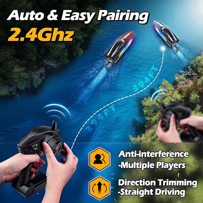 30KMH RC Remote Control Boat with 7 LED Light Modes Waterproof Electric Fast Speed Boat for Adults Kids 8-12 Lake Pool Water PlaySelf-rightingDemoWater Cooling20MinsLow Battery Alert2.4GhzBlue