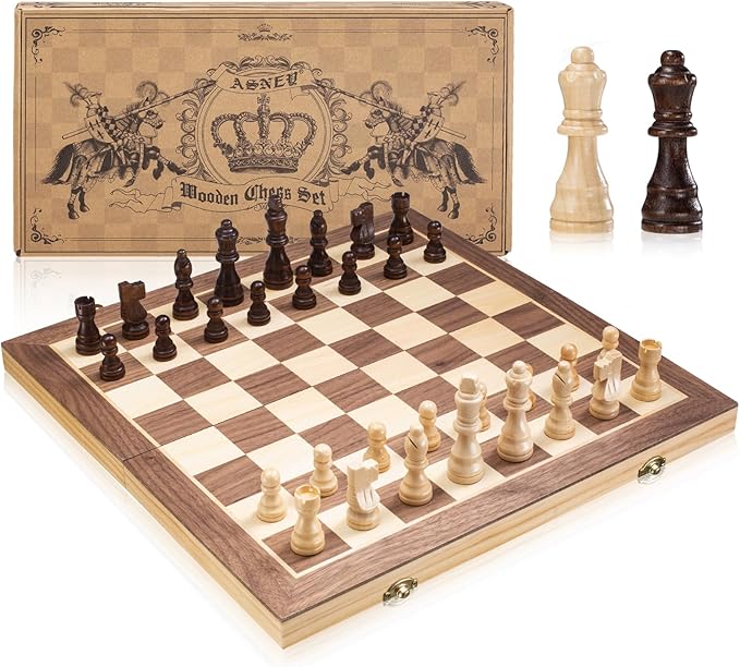 ASNEY Upgraded Magnetic Chess Set 15 Tournament Staunton Wooden Chess Board Game Set with Magnets Crafted Chesspiece ans Storage Slots for Kids Adult Includes Extra Queens