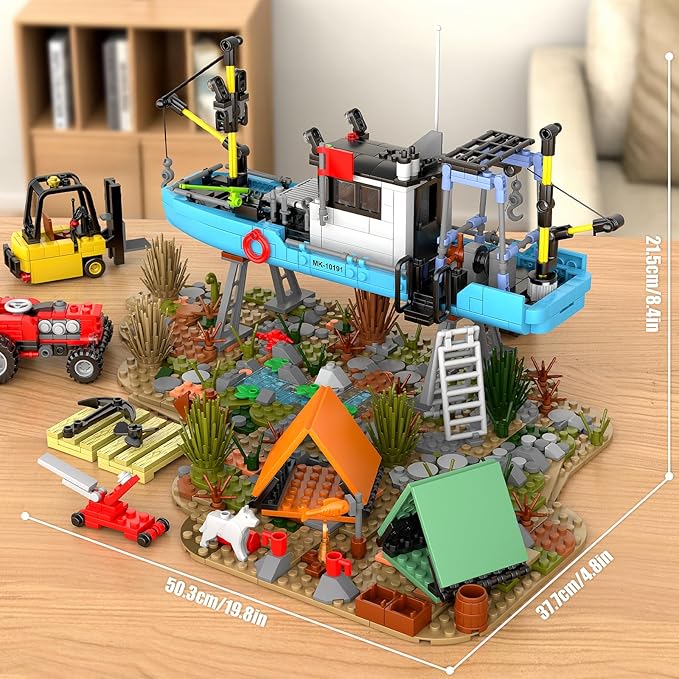 Mould King Seaside City Fishing Boat Building Set Creative Repair Yard with Ship Forklift and Camp DIY Construction Model Kit Idea Gift for Adults &amp Teens 14+ (1234PCS)