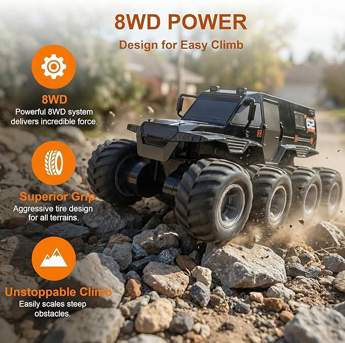 1:12 Large Amphibious Remote Control Car Monster Truck - 8WD All Terrain Waterproof RC Toy for Kids 7.4V High-Speed Remote Control Car for Boys Girls Ages 6-12 Perfect Birthday Gifts -Black