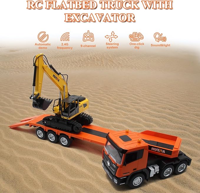 Fistone RC Semi Truck &amp Excavator Toy Set 2.4Ghz Remote Control Flatbed Truck with Excavator Toys 1:24 RC Semi-Trailer Engineering Tractor with Sound and Lights Construction Vehicles Toy for Bo