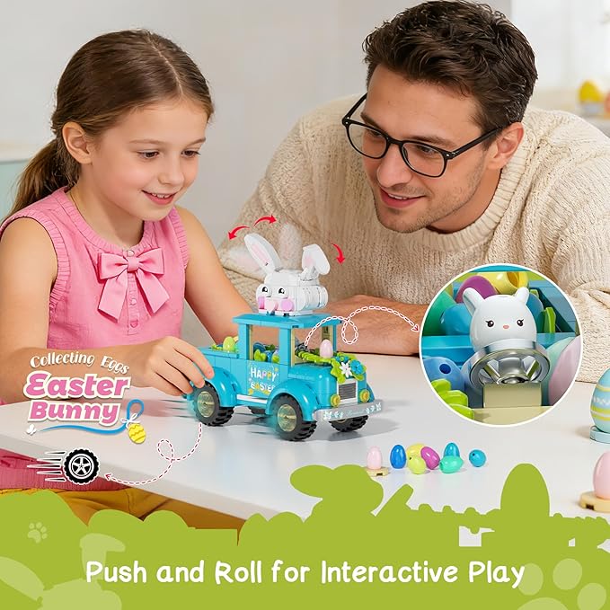 Easter Bunny Egg Harvest Truck Building Toy Set - Cute Rabbit Driver Movable Ears &amp Rolling Wheels Creative Removable Egg Easter Decoration Gifts for Kids Adults Boys Girls 8+