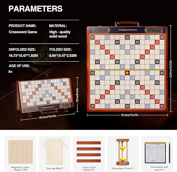 Crossword Game with Magnetic Letter Tiles Foldable Board into Portable Carry Case Luxury Edition Word Building Game with Rotating Wooden Board Educational Family Board Game for 2-4 Players