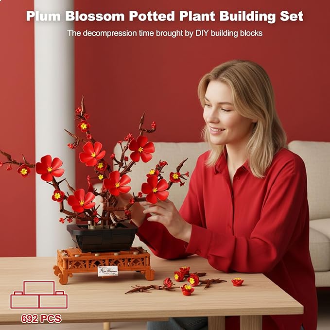 Plum Blossom Building Sets Red Plum Buiding Blocks Artificial Flowers for Table Decor Plants Collection Blocks Kit for Living Room Home Office Christmas &amp Birthday Gifts for Ages 14+ 692PCS