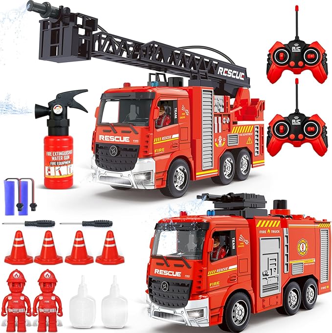 Remote Control Fire Truck RC Fire Truck Toy Set 2 Firetruck with Fire Extinguisher 2 Dolls 4 Traffic Cones Lights Sounds Extendable Rescue Ladder Firetruck Toy for Boys Kids