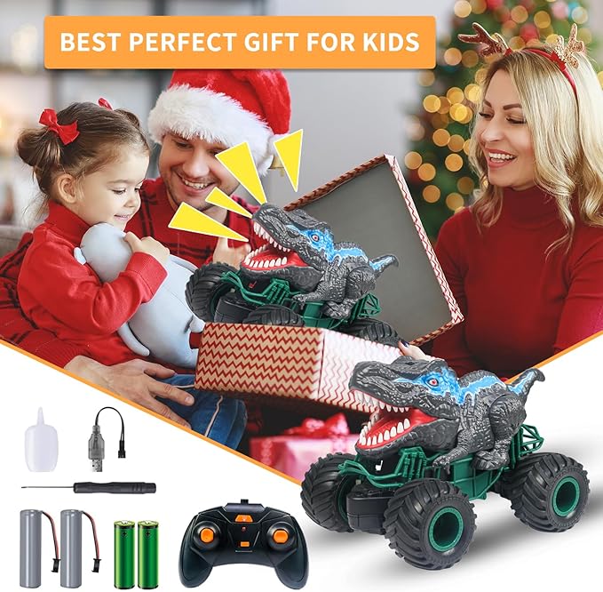 Dinosaur Remote Control Car 2.4GHz RC Mega Monster Truck Toys for Toddlers Dinosaur Toys with Light Sound Spray Christmas and Birthday Gifts for 3 4 5 6 7 8-12 Kids BoysAll Terrain RC Cars