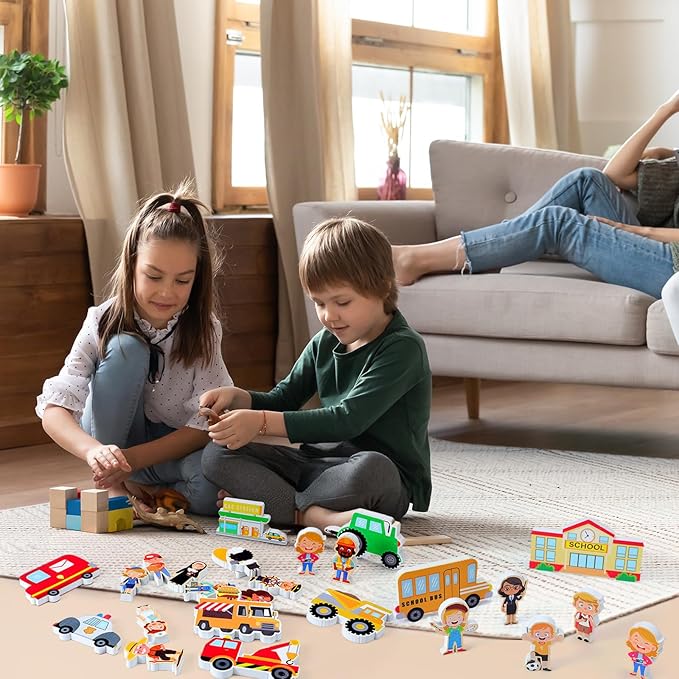 50 Pcs Wooden Community Helpers Play Set Community Includes Little Wooden People Buildings Cars Multicultural Figurines Toy Preschool Little Professionals Block Character(Stylish)