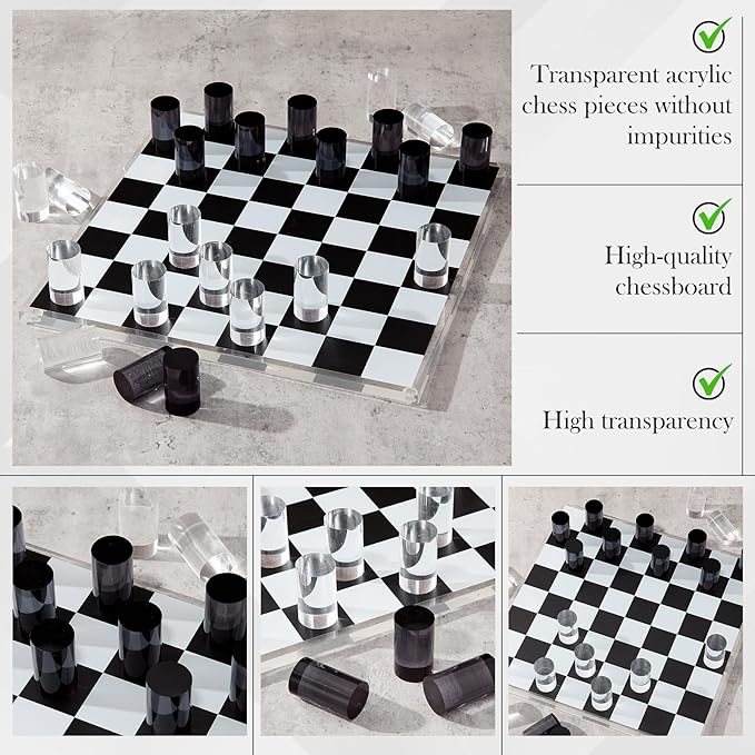 Acrylic Checkers Set 14 x 14 Inch Large Black Clear Modern Cylinder Table Game Board for Adults