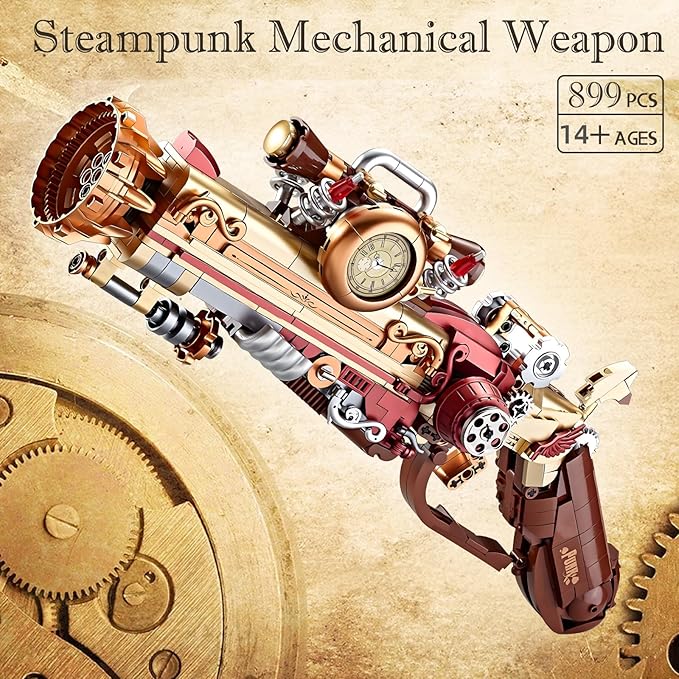 Finger Rock Ideas Steampunk Mechanical Gun Weapon Building Blocks Set for Adults Gun Building Kit with a Base for Display 899 PCS Classic Toy Weapon Model Collection Gifts for Teens 14+