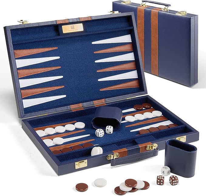 15 inch Backgammon Sets for Adults - Classic Board Game with Premium Sea Blue Leather Case - Travel Backgammon Set for 2 Players - Portable Strategy Board Games for Gifts &amp Family Fun