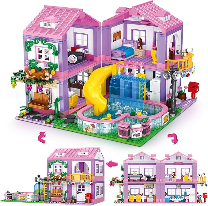 Pink Girls Summer Villa Friends Building Block Set Compatible with Lego Friends Educational 3 in 1 Construction Toy with Pool Slide Monkey and Swing for Kids Age 6 8 12 and Up 1026PCS