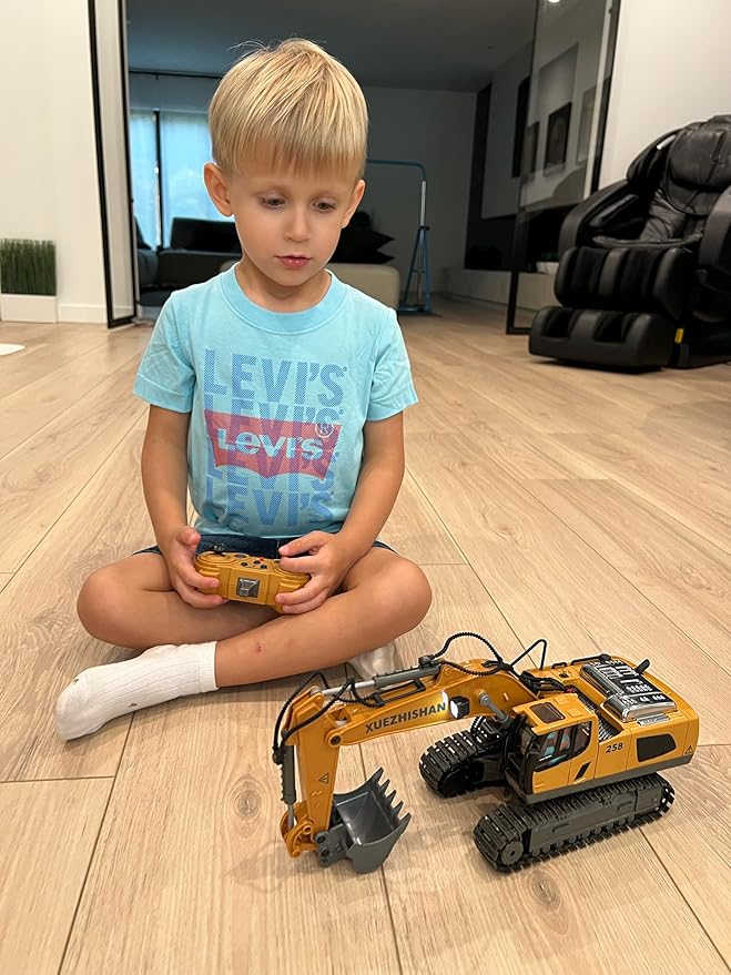 Remote Control Excavator Toy for Boys | 11-Channel Metal Construction Truck with Lights 2×1200mAh Batteries 120-Min Playtime | RC Excavator Toys for Kids Ages 3-12 STEM Gift for Birthday
