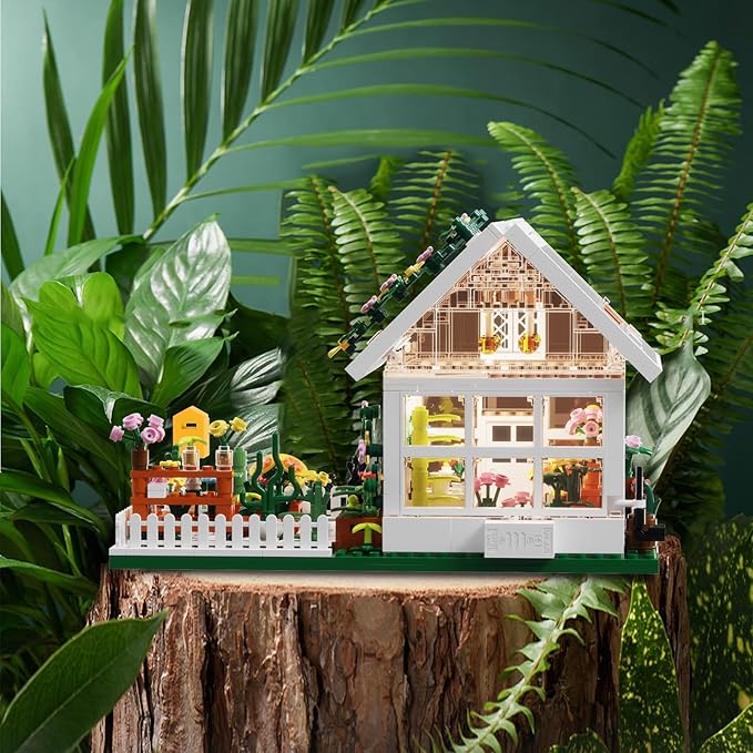 Flower House Building Mini Set with LED City Street View Greenhouse Building Blocks Toy Valentine Xmas Gift for Friends or Girls 8-12 Year