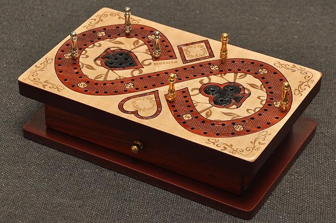 PALM ROYAL HANDICRAFTS 2 Track Cribbage Board Game Set with Magnetic Pull Drawer Playing Cards - Storage Available - Metal Pegs Travel Portable Cribbage Game Sets for Family. (Size - 6.5 x 4)