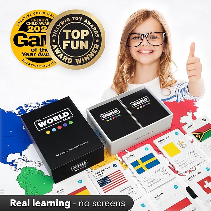 The World Game - Geography Card Game - Fun Game for Easter - Educational Games for Kids Family and Adults - Cool Learning Gift Idea for Teenage Boys &amp Girls 8-12 with Map