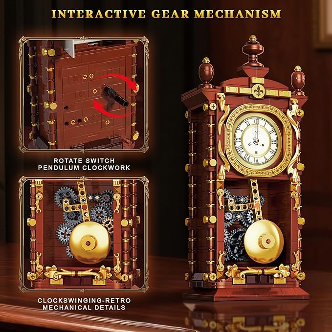Vintage Retro Swing Clock Building Set Pendulum Clocks Building Block Toys with Functional Mechanical Model Kit Compatible with Lego Home Decor Gift for Adults Teens 14+ (751 PCS)