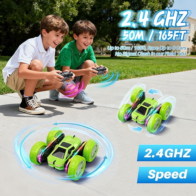 Remote Control Car Rc Cars Stunt RC Crawler Toys 4WD 360° Rotating with LED Light-Up Wheels &amp Remote Control for 6-12 for Boys Birthday Gift (Green)