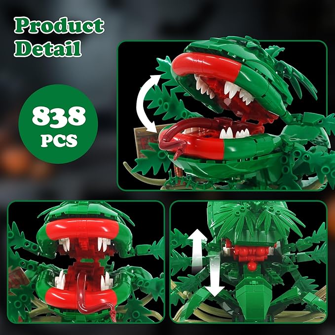 838PCS Large Piranha Plant Building Block Set AuderyII Cannibal Flower Model with Coffee Can &amp Feed Me Sign Horror Movie Decorations Botanical Collection Toy Gifts for Adult &amp Teen Aged 8+