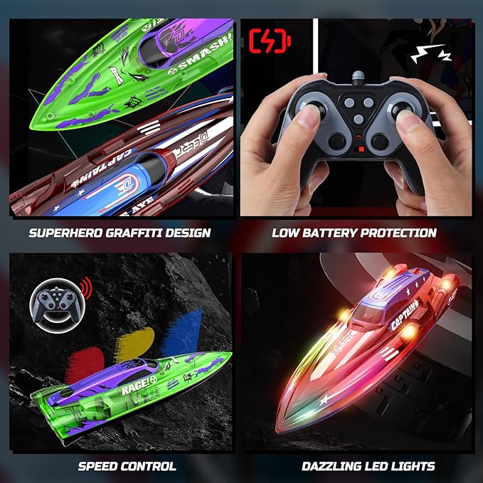 DEERC 2 Pack 13 inch Remote Control Boat for Kids 4 Batteries 2.4Ghz RC Racing Boat with LED Lights for Pools and Lakes Summer Water Toy Gift for Boys 8-12