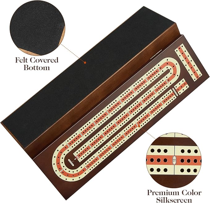 Cribbage Board Game Set Continuous 3 Track Wooden Board with Magnetic Lock 9 Metal Pegs 2 Playing Cards Large Storage Area Travel Portable Travel Cribbage Boards for Adult Child