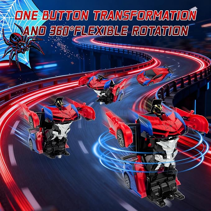 Spider Remote Control Car Toy for Boys 2.4Ghz RC Transform Robot 1:18 Scale One-Button Deformation 360°Rotation Car with Underbody Lights Gifts for Boys Ages 3 4 5 6 7 8 9 10 11 12