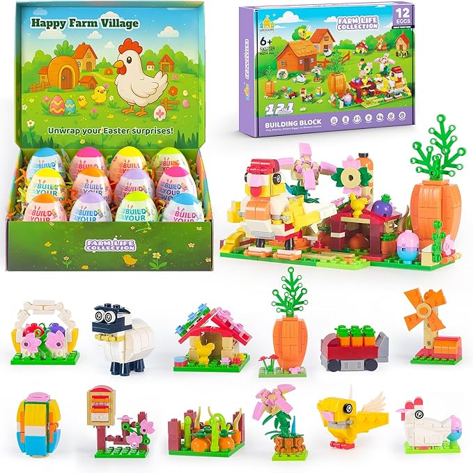 2026 New Easter Gifts Building Set for Kids -12-in-1 Happy Farm Village Building Toy with Prefilled Eggs Easter Basket Stuffer &amp Decorations for Boys &amp Girls 6+ with Farm Animals Hen &amp
