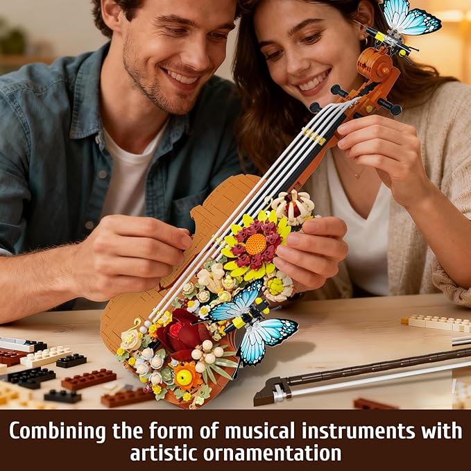 Flower Violin Building Blocks Set 1167PCS Music Instrument Toy with Stand Butterfly &amp Floral Details Creative Botanical Model for Adults Girls Home Office Decor Compatible with Lego Sets City Frie