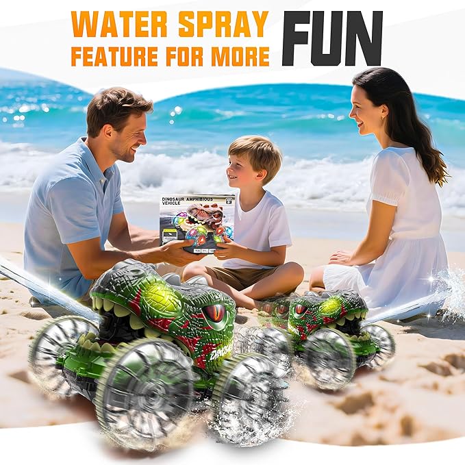 BEZGAR Monster Truck Toys - Dinosaur Toys with Light Remote Control Car for Water &amp Land with Water Gun Pool Toys for Kids with 360° Spins and Drifting Remote Control Car for Boys 4-7