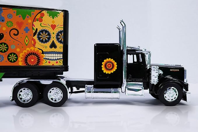 Shop72 1:32 Scale Toy Truck with Trailer Diecast Semi Long Hauler Truck Collectible Long Hauler with Dry Van Trailer Diecast 18 Wheelers Semi Replica Kenworth W900 Model - Dia DE Los Muertos