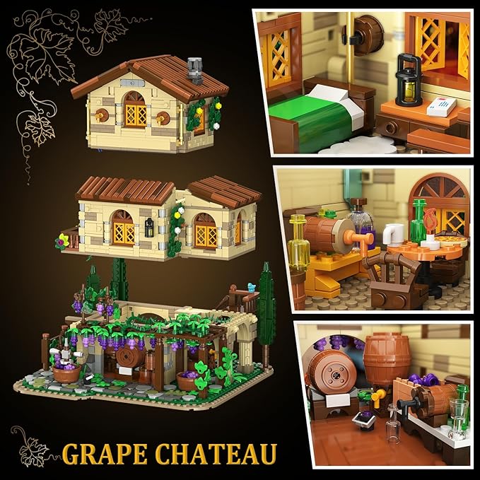 Winery Chateau House Building Set with Lights Vineyard Castle Construction Model Home Decor 1826 PCS Vine Estate Autumn Cabin Building Block Kit Birthday Gift for Adults Teens Boys Girls