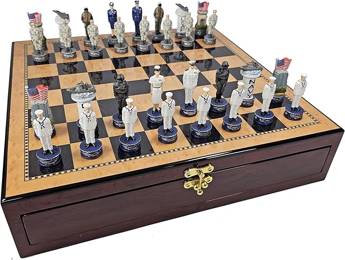 US Military Chess Set Army Navy Air Force or Marines. Choose 2 Branches of Men with 17 inch Walnut Color Storage Board (Navy vs Air Force)