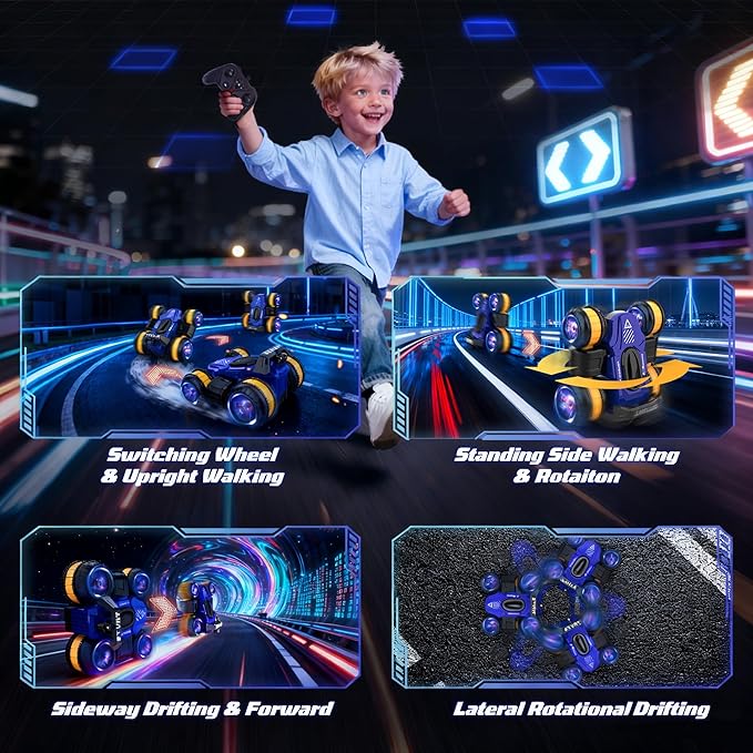RC Stunt High Speed Remote Control Car 25km/h 360°Rotating RC Drift Car with Lights Blue 2.4 GHz Upright Walking 4WD Toy Cars for Kids Age 4-8 8-16 Boys Girls Christmas Birthday Gifts