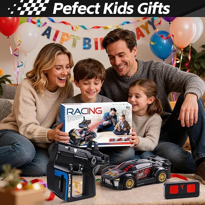 3-in-1 RC Drift Car Remote Control 1:24 Police/Sports/Racing Rechargeable 2-Player Battle Set with Infrared Gun Knock-to-Flip 60 Min Play for Kids 4 5 6 7 8 9 Year Old (Black)