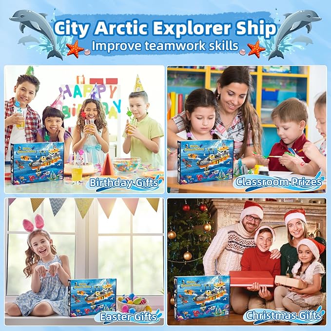 City Ocean Explorer Ship Building Set Fun Toy Exploration Boat Building Block Kit with LED Lights Helicopter Submarine Birthday for Boys Girls Kids 6 8 10+