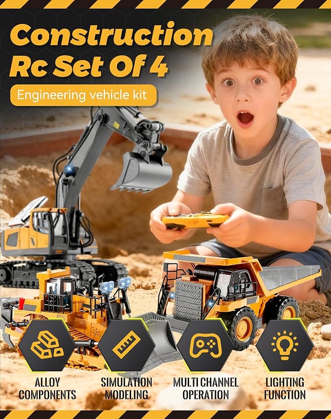 Construction Rc Set of 4 – Realistic Excavator Set Bulldozer Dump Truck &amp Loader Toy –Command The Site Conquer The Dirt with 2.4ghz Control Led Lights Die-Cast Metal Parts (1cp-4)