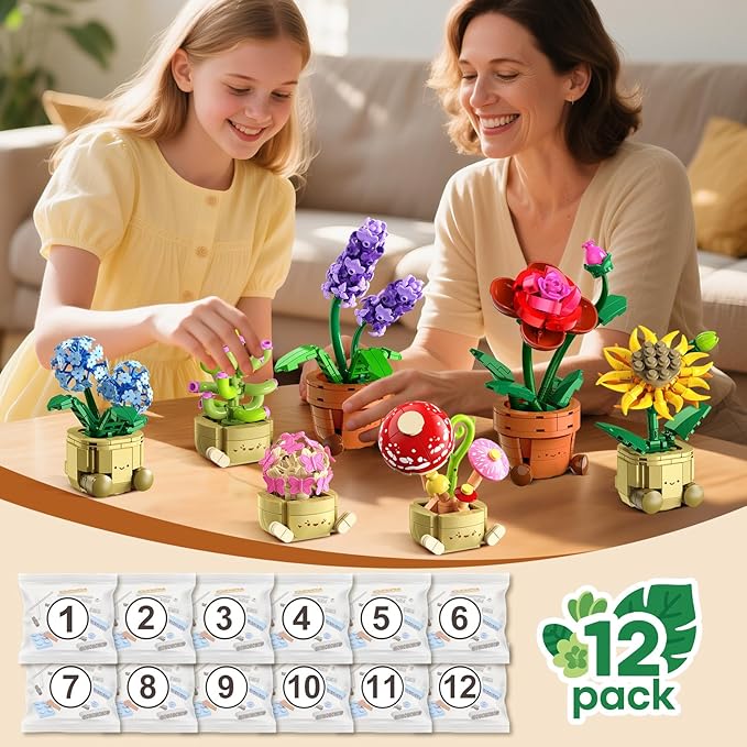 12 Pack Flowers Plants Mini Building Set - 1697PCS Flower Botanical Collection 3.6MM Succulent Building Toy for Home Office Decor Easter Birthday Party Favors Gift for Adults Girls Boys 12+
