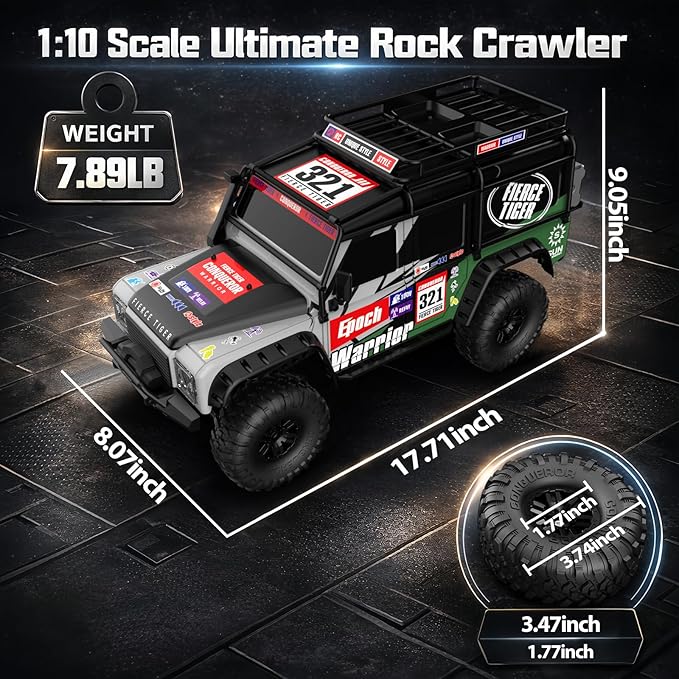 RC Cars RC Crawler 1/10 Scale RTR Remote Control Car 4WD 2.4GHz Brushed Offroad Racing Hobby Grade Model Vehicle with LED Lights 2Pcs Battery Toy for Kids and Adults