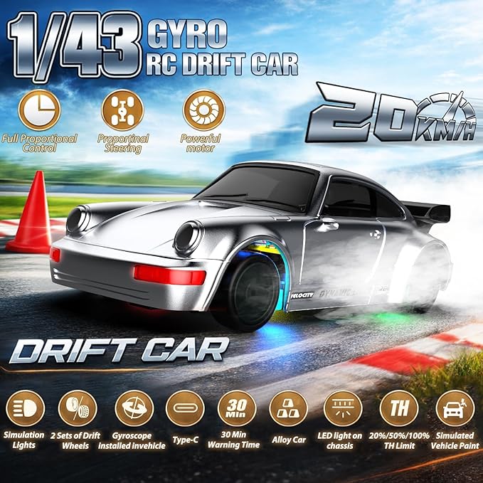 RC Drift Car 1/43 Mini RC Drift Car with Gyro 2.4GHz Full Proportional Control 20KM/H 4WD High Speed Remote Control Alloy LED Lights &amp Drift Tires Toys Gift for Adults Boys and Girls