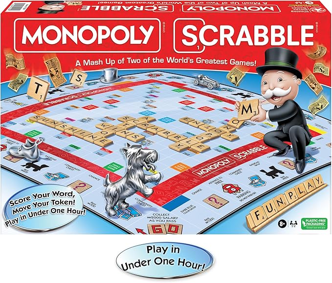 Monopoly Scrabble Game Play in Under ONE Hour Score Your Scrabble Word - Move Your Token By Winning Moves Games USA Mash-Up of 2 of the World's Greatest Games 2 to 4 Players Ages 8+ (1250)